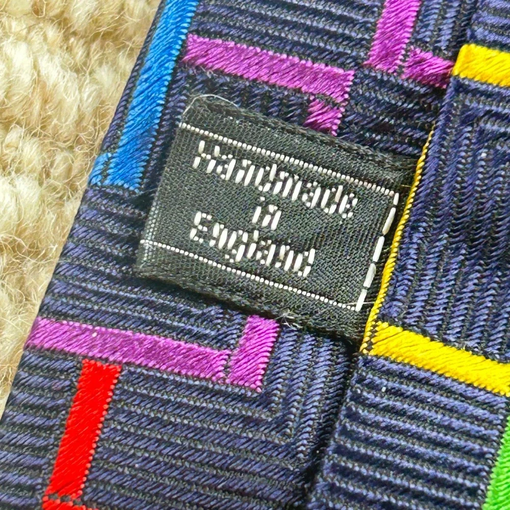 Vintage Bullock & Jones Silk Tie Mens OS Navy Rainbow Geometric Maze Handmade UK